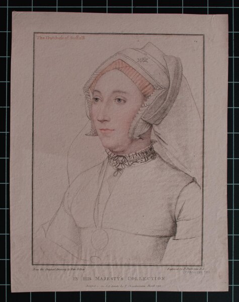 Franceso Bartolozzi nach Hans Holbein - Catherine Willoughby, Duchess of Suffolk - 1792 - Radierung und Stichelgravur in Farbe auf rosa Papier