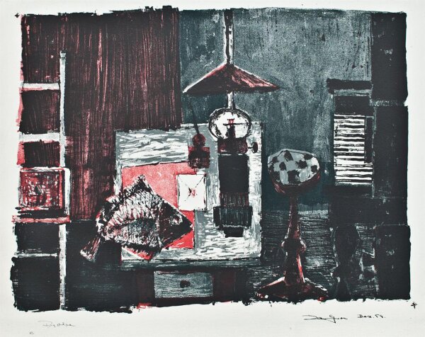 unbekannt - Stillleben mit Fisch - 1959 - Farblithografie