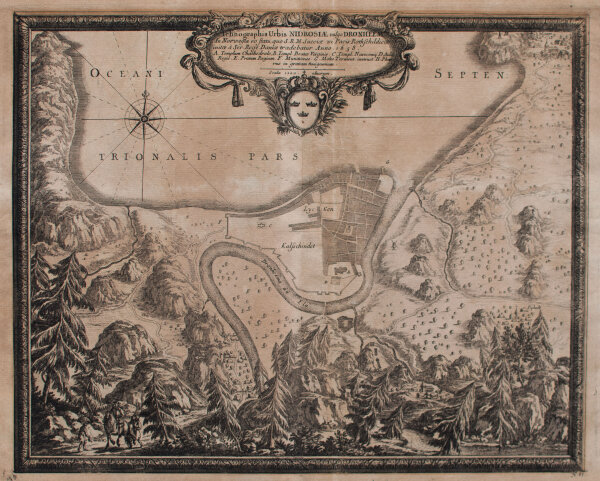 Erik Dahlberg Kartograph, Christoph Riegel Herausgeber. - Ichnographia urbis Nidrosiae vulgo Dronheem in Norwegia eo statu - undatiert - Kupferstich