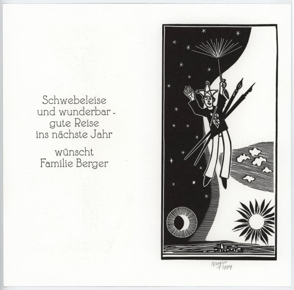 Roland R. Berger - Neujahrskarte mit Harlekin - 2004 - Holzschnitt