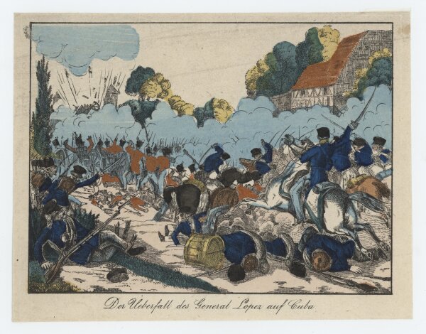 Unbekannt - Der Überfall des General Lopez auf Cuba - um 1855 - Handkolorierte Lithografie