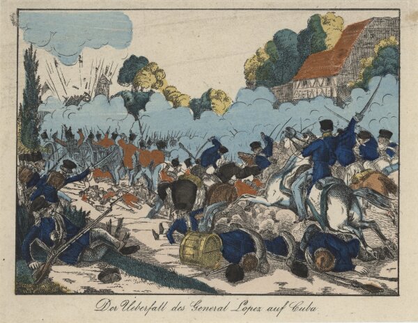 Unbekannt - Der Überfall des General Lopez auf Cuba - um 1855 - Handkolorierte Lithografie