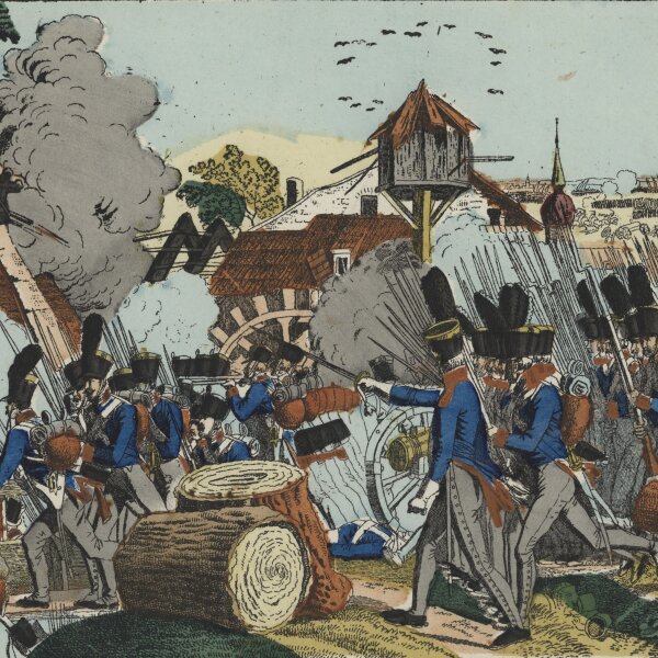 Unbekannt - Die Schlacht bei Groß-Beeren, vor Berlin - um 1850 - Handkolorierte Lithografie