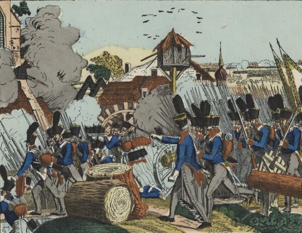 Unbekannt - Die Schlacht bei Groß-Beeren, vor Berlin - um 1850 - Handkolorierte Lithografie