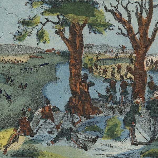 Unbekannt - Das Gefecht bei Gudfoe - um 1850 - Handkolorierte Lithografie