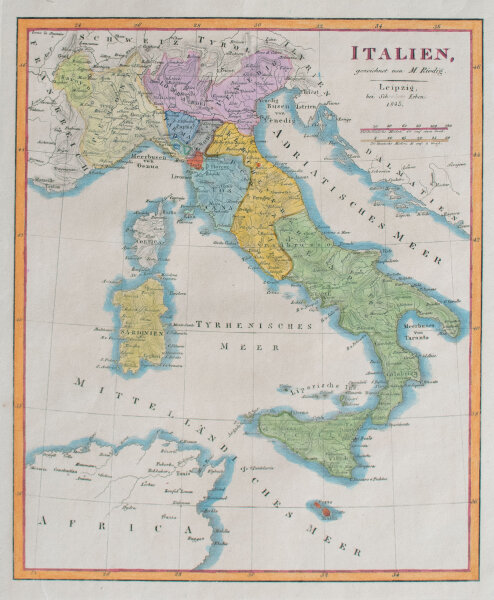 M. Riedig - Historische Karte Italien - 1845 - kolorierter Kupferstich