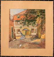 Monogrammist HN - Gebäudehof mit Dame - 1910 - Aquarell