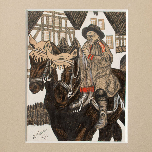 E. Koller - Reiter - 1911? - Bleistiftzeichnung mit Gouache