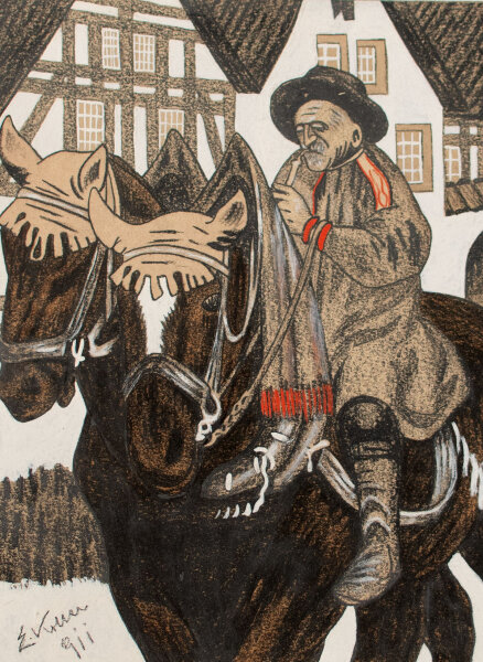 E. Koller - Reiter - 1911? - Bleistiftzeichnung mit Gouache
