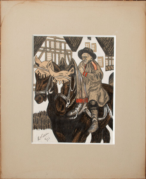 E. Koller - Reiter - 1911? - Bleistiftzeichnung mit Gouache