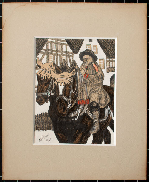 E. Koller - Reiter - 1911? - Bleistiftzeichnung mit Gouache