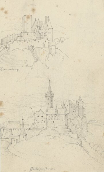 Friedrich Hoffstadt - Studienblatt mit den Burgen Sonnenburg und Giebichstein - Bleistift - Mitte 19. Jh.