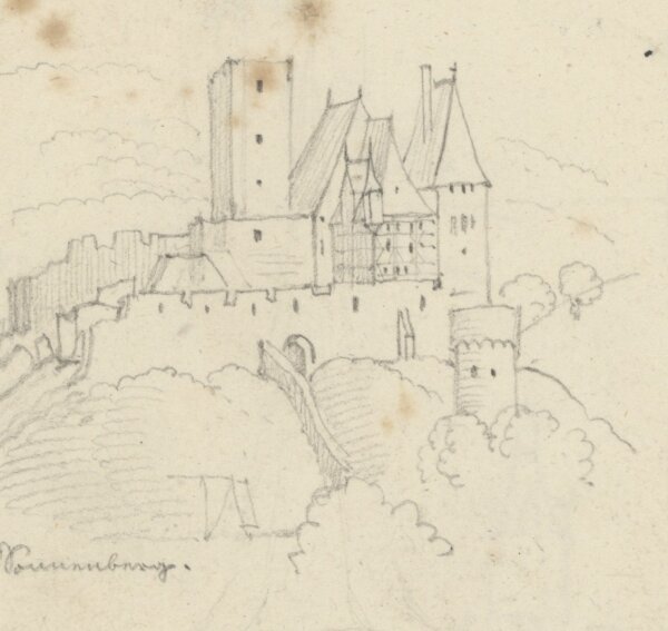 Friedrich Hoffstadt - Studienblatt mit den Burgen Sonnenburg und Giebichstein - Bleistift - Mitte 19. Jh.