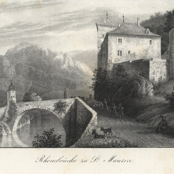 C. Studer - Rhonebrücke zu St. Marice - Stahlstich - um 1835
