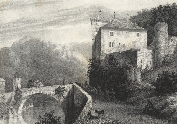 C. Studer - Rhonebrücke zu St. Marice - Stahlstich - um 1835