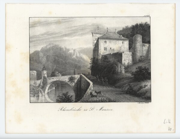 C. Studer - Rhonebrücke zu St. Marice - Stahlstich - um 1835