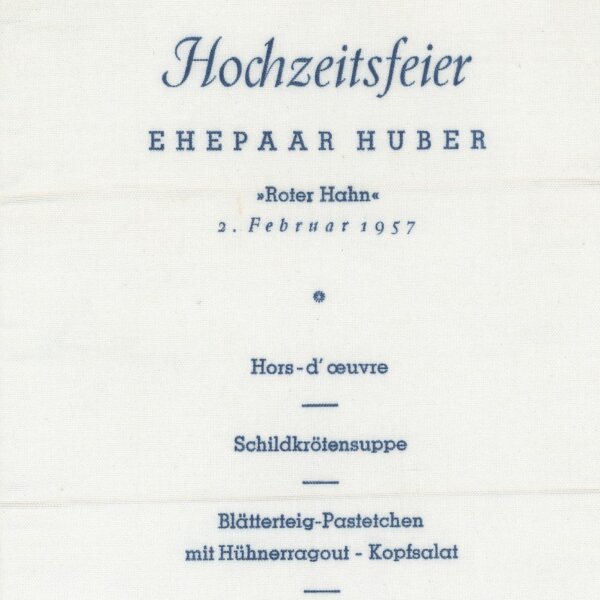 Hotel Roter Hahn - Hochzeitsmenü - Textildruck