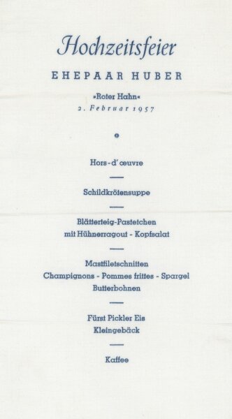 Hotel Roter Hahn - Hochzeitsmenü - Textildruck