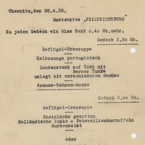Gaststätte Fridrichsburg, Chemnitz - Speisekarte - Druck