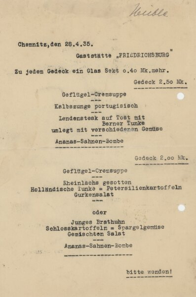 Gaststätte Fridrichsburg, Chemnitz - Speisekarte - Druck