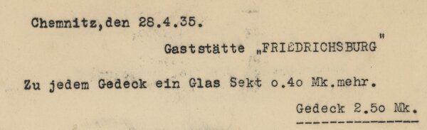 Gaststätte Fridrichsburg, Chemnitz - Speisekarte - Druck
