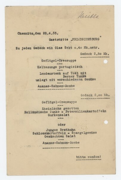 Gaststätte Fridrichsburg, Chemnitz - Speisekarte - Druck