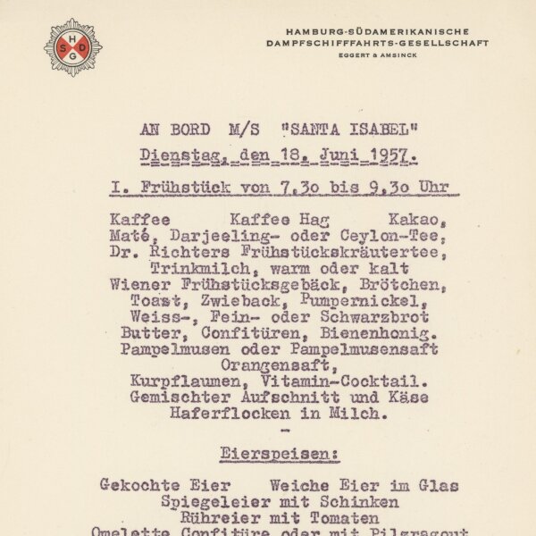 Hamburg-Südamerikanische Dampfschiffahrts-Gesellschaft - Speisekarte M/S Santa Isabel - Druckgrafik