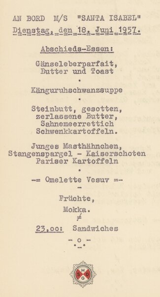 Hamburg-Südamerikanische Dampfschiffahrts-Gesellschaft - Speisekarte M/S Santa Isabel - Druckgrafik