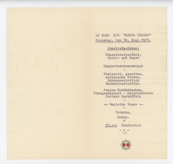 Hamburg-Südamerikanische Dampfschiffahrts-Gesellschaft - Speisekarte M/S Santa Isabel - Druckgrafik