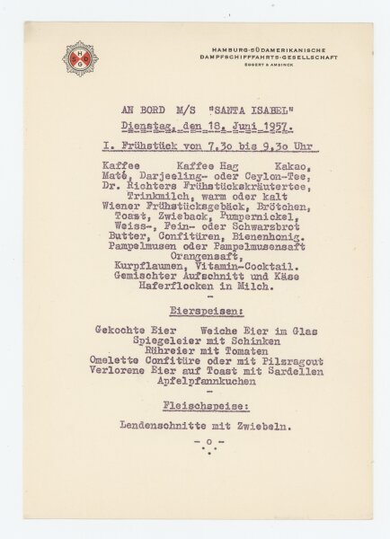 Hamburg-Südamerikanische Dampfschiffahrts-Gesellschaft - Speisekarte M/S Santa Isabel - Druckgrafik