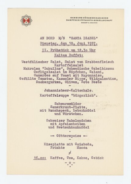 Hamburg-Südamerikanische Dampfschiffahrts-Gesellschaft - Speisekarte M/S Santa Isabel - Druckgrafik