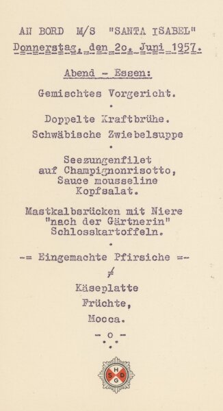 Hamburg-Südamerikanische Dampfschiffahrts-Gesellschaft - Speisekarte M/S Santa Isabel - Druckgrafik