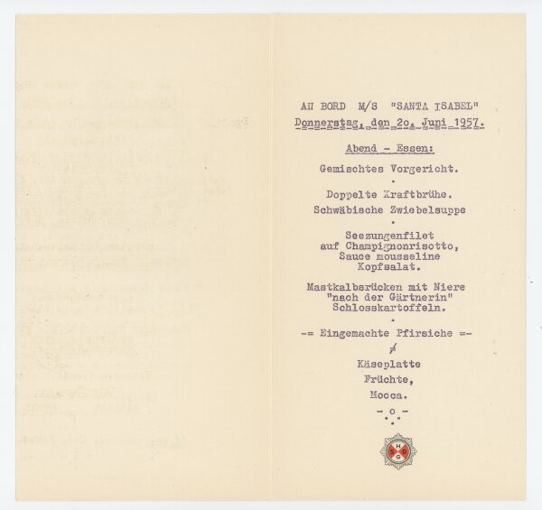 Hamburg-Südamerikanische Dampfschiffahrts-Gesellschaft - Speisekarte M/S Santa Isabel - Druckgrafik