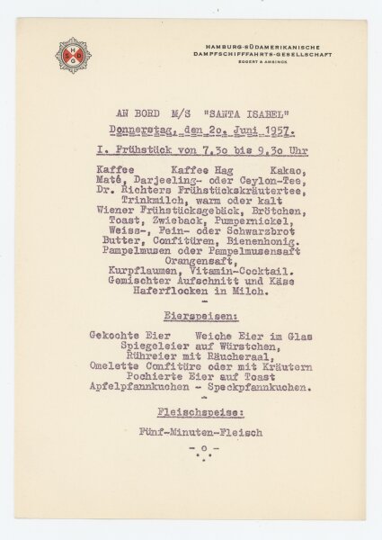 Hamburg-Südamerikanische Dampfschiffahrts-Gesellschaft - Speisekarte M/S Santa Isabel - Druckgrafik