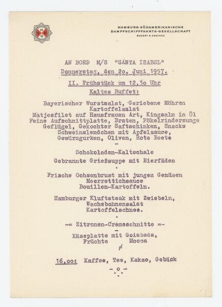 Hamburg-Südamerikanische Dampfschiffahrts-Gesellschaft - Speisekarte M/S Santa Isabel - Druckgrafik