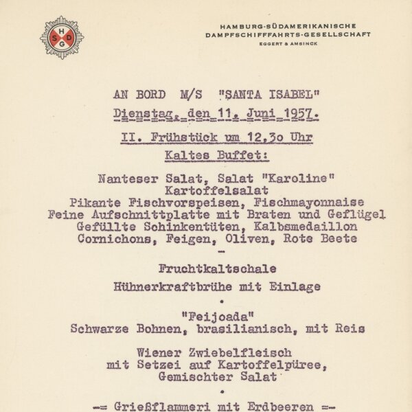 Hamburg-Südamerikanische Dampfschiffahrts-Gesellschaft - Speisekarte M/S Santa Isabel - Druckgrafik