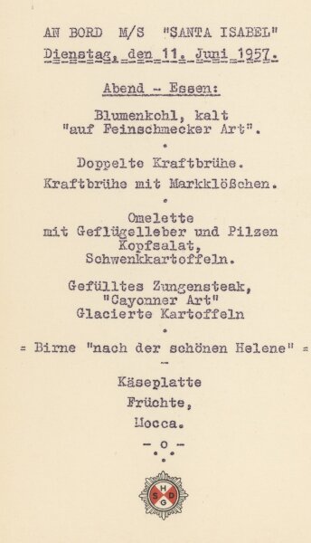 Hamburg-Südamerikanische Dampfschiffahrts-Gesellschaft - Speisekarte M/S Santa Isabel - Druckgrafik
