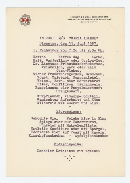 Hamburg-Südamerikanische Dampfschiffahrts-Gesellschaft - Speisekarte M/S Santa Isabel - Druckgrafik