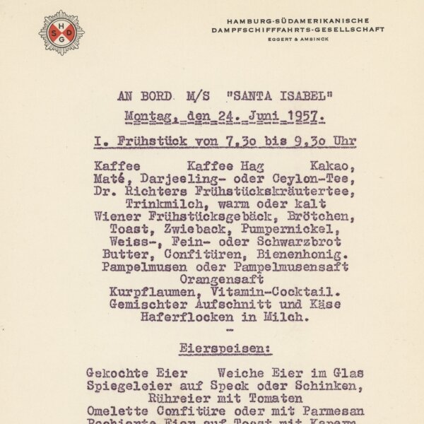 Hamburg-Südamerikanische Dampfschiffahrts-Gesellschaft - Speisekarte M/S Santa Isabel - Druckgrafik