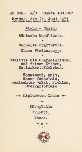Hamburg-Südamerikanische Dampfschiffahrts-Gesellschaft - Speisekarte M/S Santa Isabel - Druckgrafik