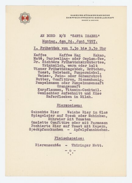 Hamburg-Südamerikanische Dampfschiffahrts-Gesellschaft - Speisekarte M/S Santa Isabel - Druckgrafik