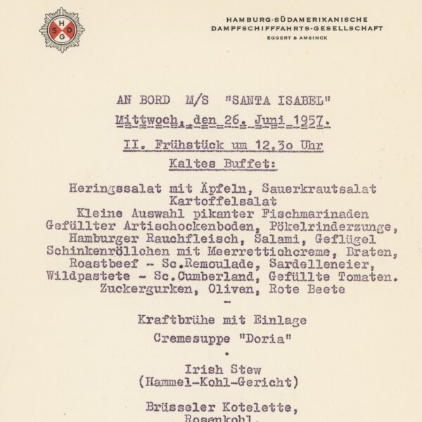 Hamburg-Südamerikanische Dampfschiffahrts-Gesellschaft - Speisekarte M/S Santa Isabel - Druckgrafik
