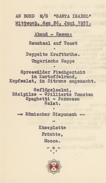 Hamburg-Südamerikanische Dampfschiffahrts-Gesellschaft - Speisekarte M/S Santa Isabel - Druckgrafik