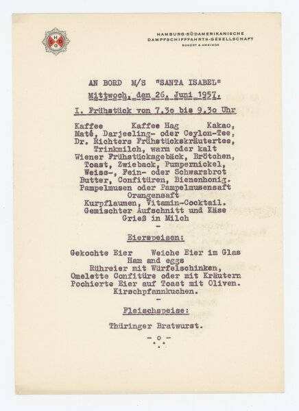 Hamburg-Südamerikanische Dampfschiffahrts-Gesellschaft - Speisekarte M/S Santa Isabel - Druckgrafik