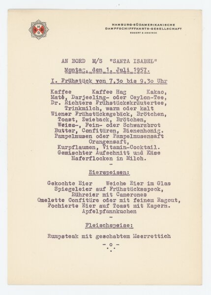Hamburg-Südamerikanische Dampfschiffahrts-Gesellschaft - Speisekarte M/S Santa Isabel - Druckgrafik