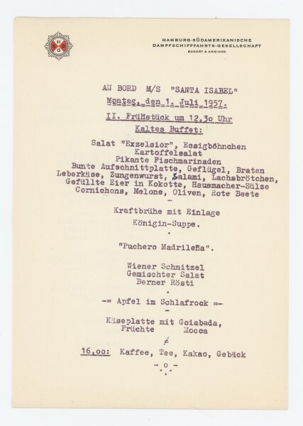 Hamburg-Südamerikanische Dampfschiffahrts-Gesellschaft - Speisekarte M/S Santa Isabel - Druckgrafik