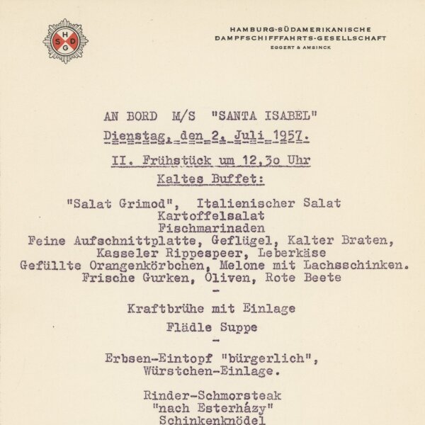 Hamburg-Südamerikanische Dampfschiffahrts-Gesellschaft - Speisekarte M/S Santa Isabel - Druckgrafik