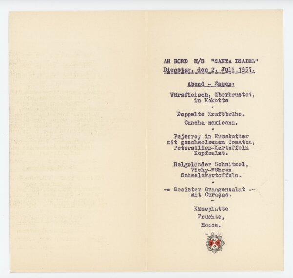 Hamburg-Südamerikanische Dampfschiffahrts-Gesellschaft - Speisekarte M/S Santa Isabel - Druckgrafik