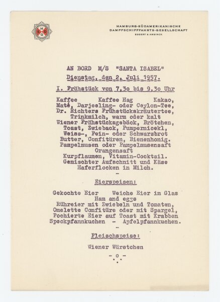 Hamburg-Südamerikanische Dampfschiffahrts-Gesellschaft - Speisekarte M/S Santa Isabel - Druckgrafik