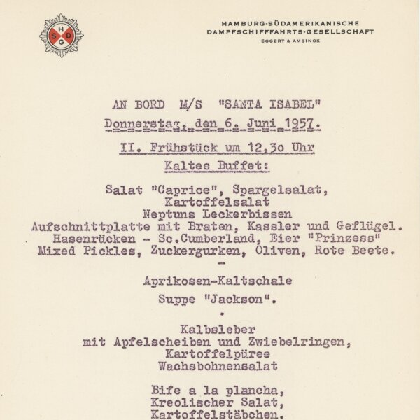 Hamburg-Südamerikanische Dampfschiffahrts-Gesellschaft - Speisekarte M/S Santa Isabel - Druckgrafik
